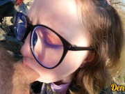 cutie in glasses and jacket has sex in nature and gets a lot of cum on her face 4/16