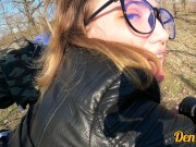 cutie in glasses and jacket has sex in nature and gets a lot of cum on her face 9/16