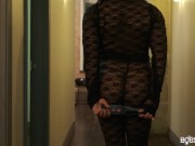 BOBSTGIRLS: Sensational black shemale in fishnet suit with big ass masturbates 2/16