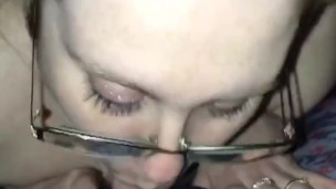 Wife wearing glasses and panties deepthroats then sucks cum out from the tip 😍