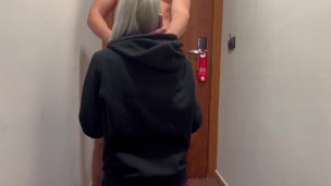 Dick Flash! I jerk off with the hotel room door open and a passing girl gives me a blowjob