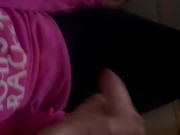 she jerks me off while watching tv and i cum on her leggings 14/16