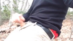 Public jerking in the woods by the water, good cumshot and orgasm too! Showing a little sag too.