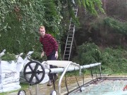 The sex teacher shows the two hot women how to properly break in the cock. She grabs the gardener, who comes in with joy. 2/16