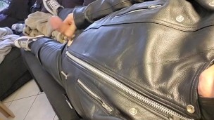 Sandro's brand new leather jacket - jerk off and cum on it