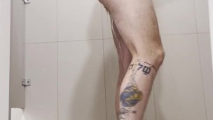 Athlete Jock Strips In His Armani Underwear In Public Shower, Plays With Ass and Uncut Cock