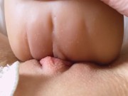 Horniest girl is grinding her wet pussy against sex doll and cumming hard! Pussy tribbing close up 4/16