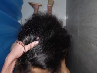 My milf neighbor sucks my cock secretly in the bathroom, she deepthroats, cum on her face and tits