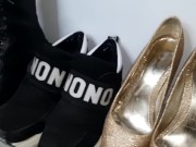 Dominatrix Nika gives her slave wearing a gas mask to sniff shoes and boots for the street. 1/16