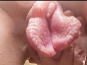 Closeup of Huge pumped pussy slapping, shaking with running water in shower 15/16