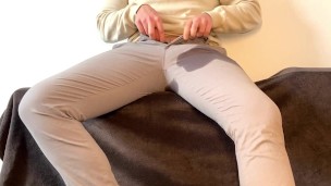 Loud moaning huge handsfree cumshot in jeans | slowmotion