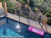 a beautiful blonde masturbates in the pool and lures a peeping guy into a blowjob 1/16