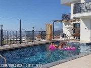 a beautiful blonde masturbates in the pool and lures a peeping guy into a blowjob 3/16