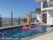 a beautiful blonde masturbates in the pool and lures a peeping guy into a blowjob 4/16