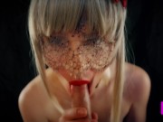 Passionate blonde with red lips makes unreal blowjob and handjob 2/16
