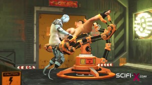 I just want your dick! Female robot shemale fucks a sexy cuffed busty brunette in the sci-fi lab