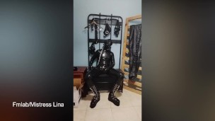 Full encasement rubber slave masturbate and cum with gas mask breathplay