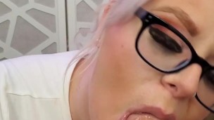Chubby blonde gives sloppy blowjob in glasses