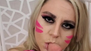 Chubby blonde in Dva bunny cosplay on her knees sucking cock