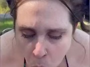 Amateur wife sucks, licks and strokes cock in backyard for huge cumshot 😍
