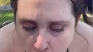 Amateur wife sucks, licks and strokes cock in backyard for huge cumshot 😍