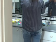 I found my stepson jerking off and I let him cum on my ass with my jeans on