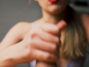 A beauty with red lips jerks off her boyfriend in close-up and brings him to the peak of pleasure. 4/16