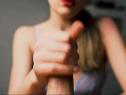 A beauty with red lips jerks off her boyfriend in close-up and brings him to the peak of pleasure. 6/16