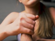 A beauty with red lips jerks off her boyfriend in close-up and brings him to the peak of pleasure. 7/16