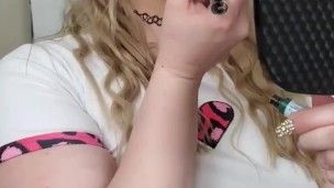 Blonde on her knees for rainbow party blowjob