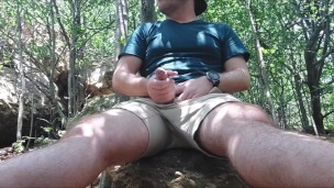 Uncut cock cumming in the woods