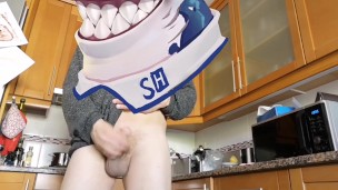 Hot stud jerking off and cumming in the kitchen while cooking