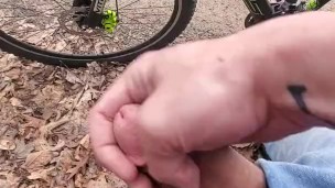 Outdoor jerking off on break from bike ride