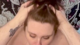 Brunette MILF stays deep down on cock for a hot throatpie