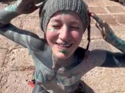 Happy hippie girl having a big cumshot load in her face after getting hard anal fucked in puplic 10/16