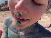 Happy hippie girl having a big cumshot load in her face after getting hard anal fucked in puplic 15/16