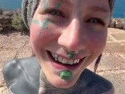 Happy hippie girl having a big cumshot load in her face after getting hard anal fucked in puplic 3/16