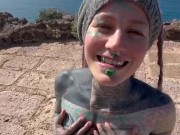 Happy hippie girl having a big cumshot load in her face after getting hard anal fucked in puplic 4/16