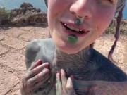 Happy hippie girl having a big cumshot load in her face after getting hard anal fucked in puplic 5/16