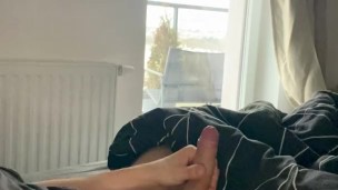 Twink boy jerking off with big load