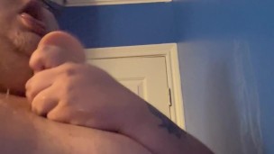 Fat boy deepthroats a dildo (sloppy blowjob)