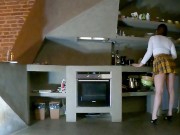 Busty Big Boobs Sexy Horny and Hot Housewife in a Miniskirt without underwear shows her tight and wet pussy with thick legs 15/16