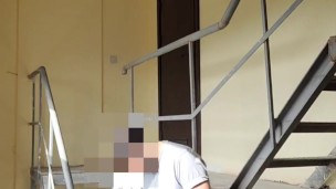 Risky jerk off on the stairs. Neighbors ride the elevator