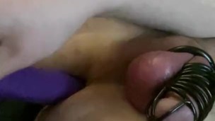 Fucking myself with huge dildo (chastity cage)