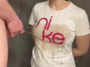 Goldenshower. Hot wife gets pissed all over her tits. 4/16
