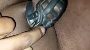 Naked walk and piss while in caged and plugged