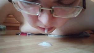 Cumming through ass and licking own cum from the floor