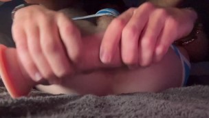 Latino gay twink shoves a big dildo up his creampie gaping asshole