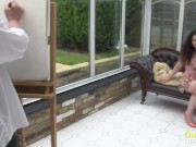 After a while of painting, we end up in bed, fingering and kissing this hot babe from behind. 1/16