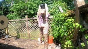 Giant s cup fake tits crossdresser in animal print high heeled boots jack off cum shot BTS photoshoo